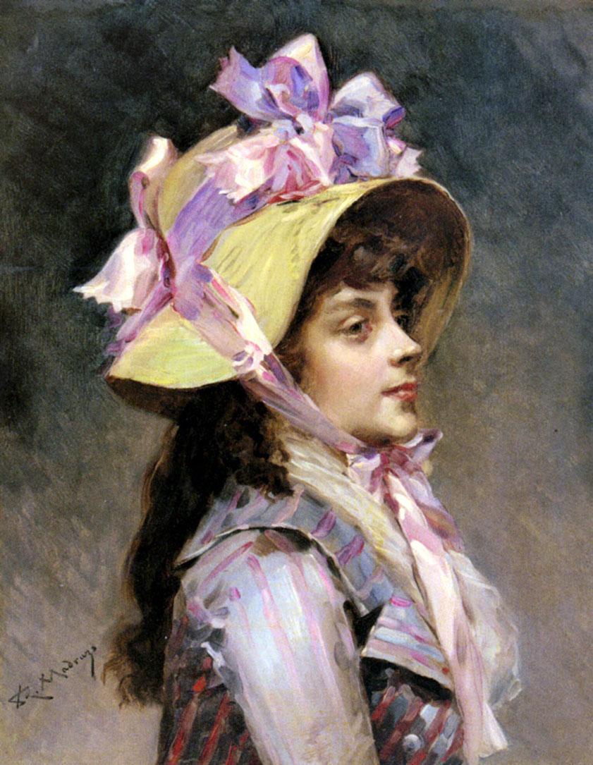 Portrait Of A Lady In Pink Ribbons, vintage artwork by Raimundo de Madrazo y Garreta, 12x8" (A4) Poster