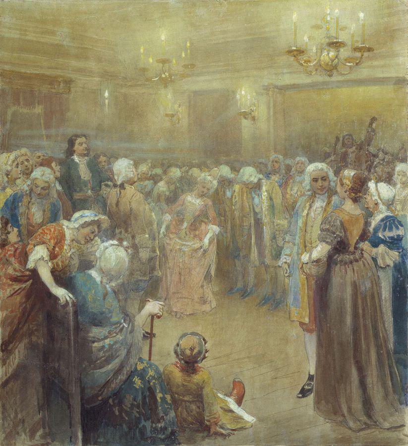 Assembly at the Court of Peter I, vintage artwork by Klavdi Vasilievich Lebedev, 12x8" (A4) Poster