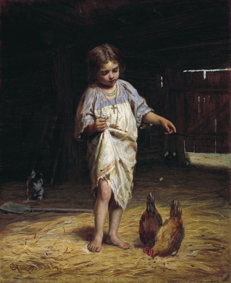 Girl with Chickens, vintage artwork by Firs Sergeevich Zhuravlev, 12x8" (A4) Poster