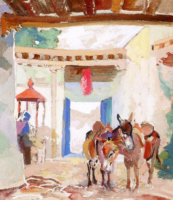 Burros in Courtyard, vintage artwork by Albert Henry Krehbiel, 12x8" (A4) Poster