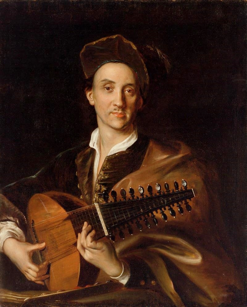 Portrait of the painter David Hoyer (1667–1720) as a musician in a studio, vintage artwork by Jan Kupecky, 12x8" (A4) Poster