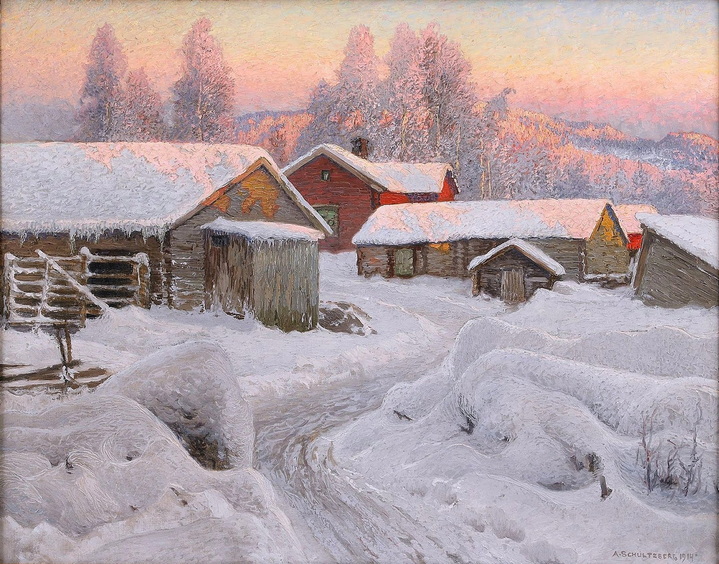 Winter Evening in the Village by Anshelm Schultzberg,A3(16x12")Poster