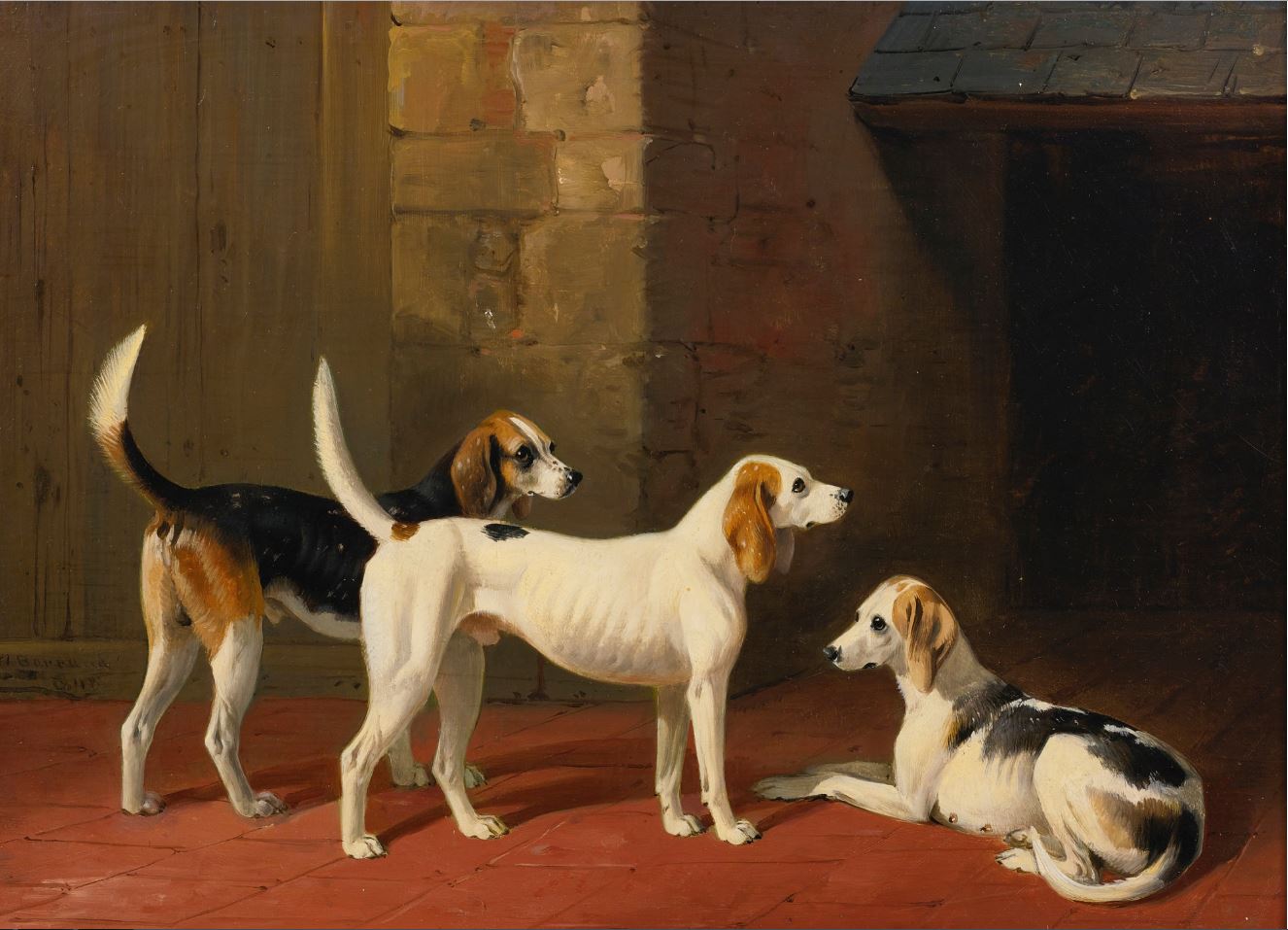 Three Fox Hounds in a Paved Kennel, vintage artwork by William Barraud, A3 (16x12") Poster Print