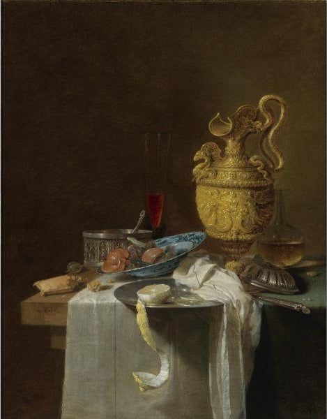 Still Life with Silver Gilt Jug, Porcelain Bowl with Candied Fruit…, vintage artwork by Willem Kalf, 12x8" (A4) Poster