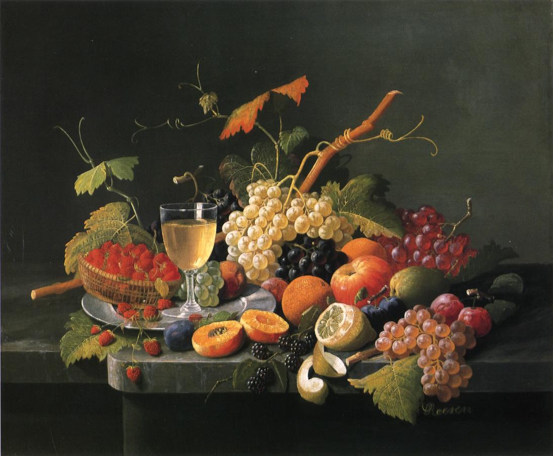 Fruit on a Marble Ledge with Wine Glass, vintage artwork by Severin Roesen, A3 (16x12") Poster Print