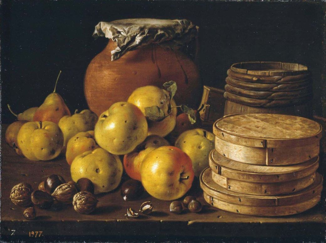 Still with Apples, Pears and Boxes, vintage artwork by Luis Melendez, 12x8" (A4) Poster