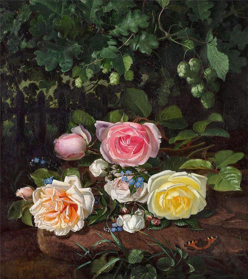 Brogede roser og humlegrene ved et stakit, vintage artwork by Otto Didrik Ottesen, A3 (16x12") Poster Print