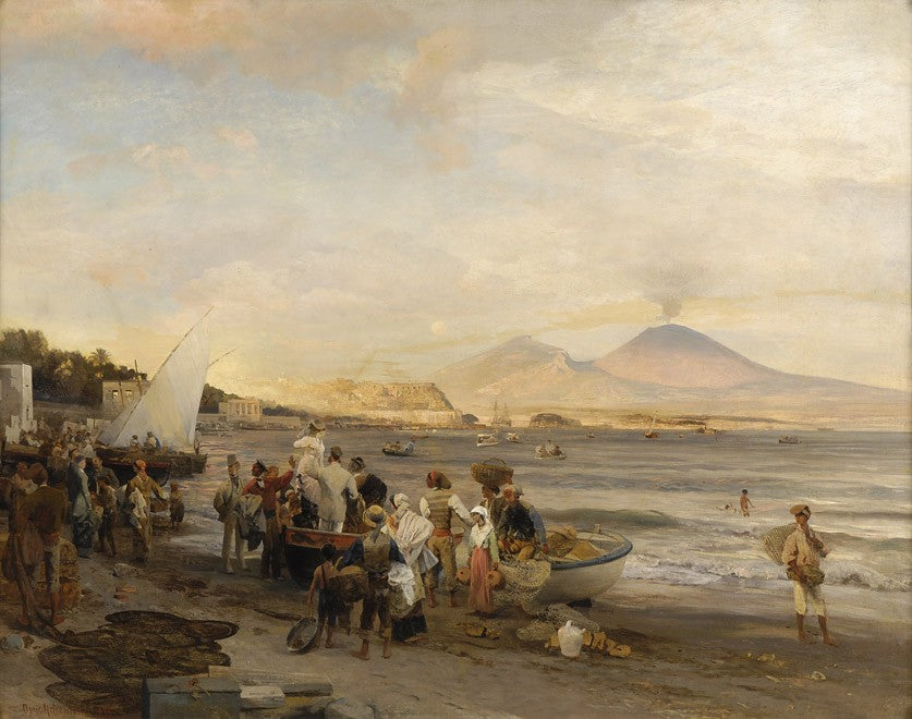 Am Strand von Neapel, vintage artwork by Oswald Achenbach, 12x8" (A4) Poster