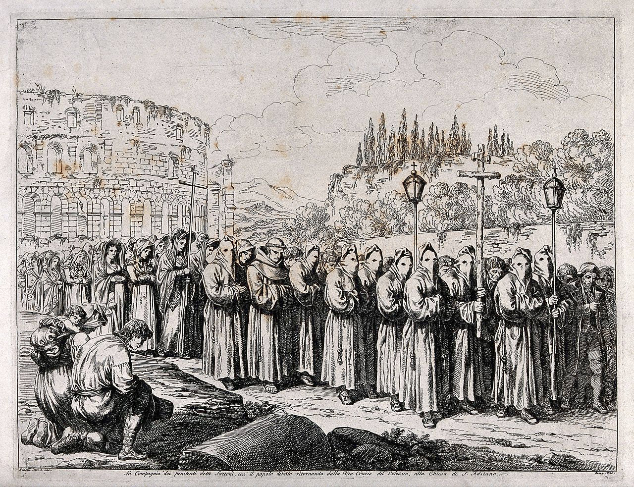 A procession of penitents before the Colosseum in Rome, vintage artwork by Bartolomeo Pinelli, 12x8" (A4) Poster
