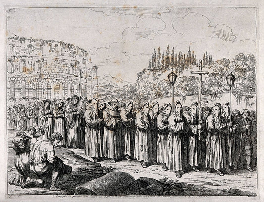 A procession of penitents before the Colosseum in Rome, vintage artwork by Bartolomeo Pinelli, 12x8" (A4) Poster