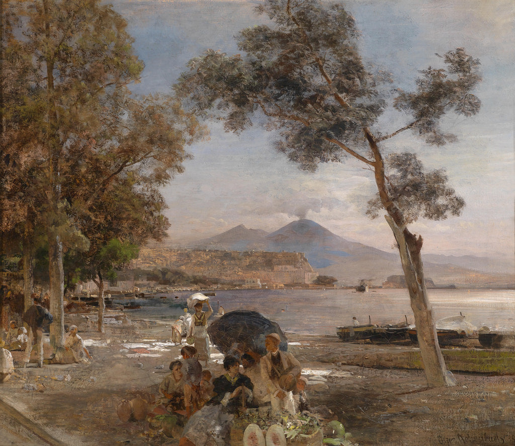 Evening at the Gulf of Naples, vintage artwork by Oswald Achenbach, 12x8" (A4) Poster