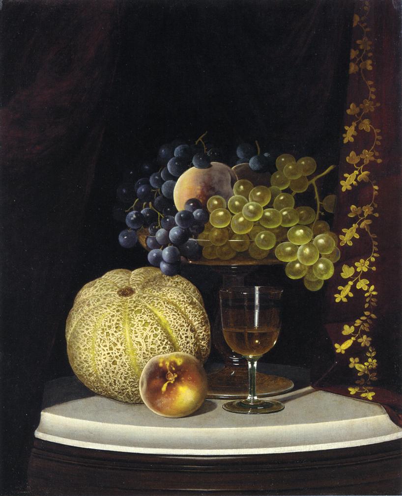 Still Life with Melon, Peach, Fruit-Filled Compote and Glass of Wine on a Marble Table Top, vintage artwork by William Mason Brown, 12x8" (A4) Poster