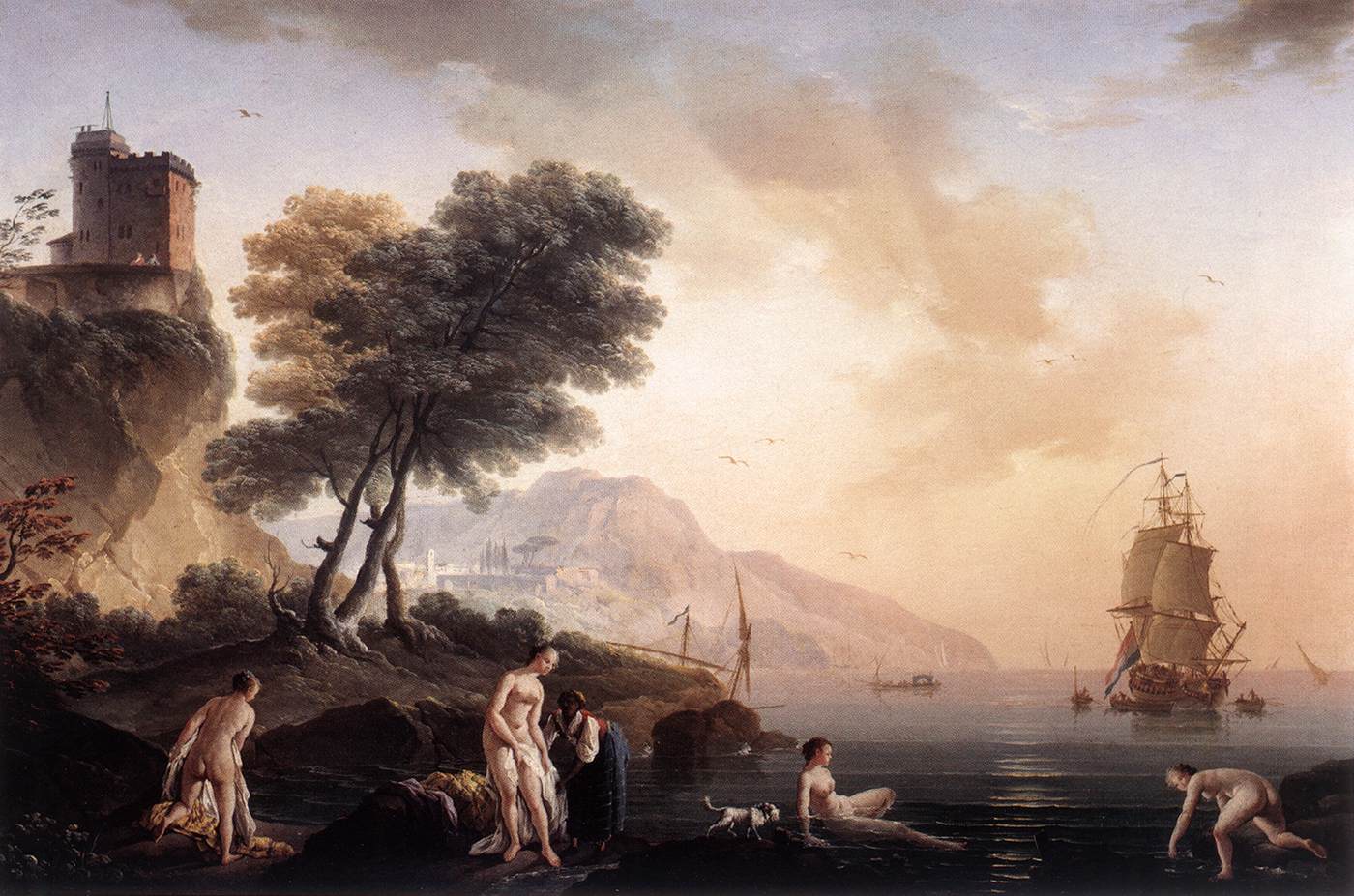 Girls Bathing at the Seashore, vintage artwork by Claude-Joseph Vernet, 12x8" (A4) Poster