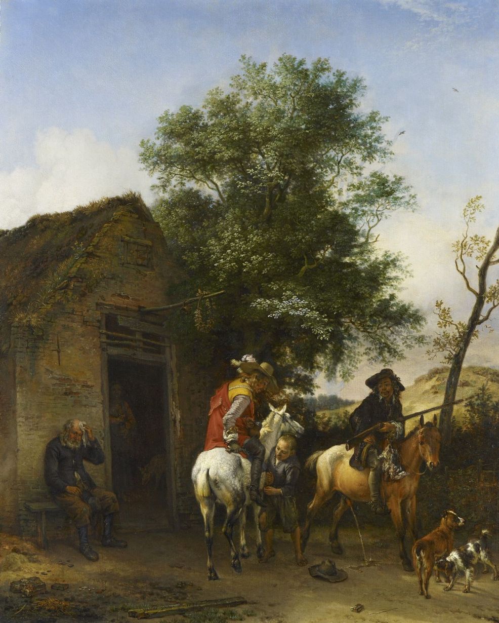 Two Sportsmen Outside an Inn, vintage artwork by Paulus Potter, 12x8" (A4) Poster