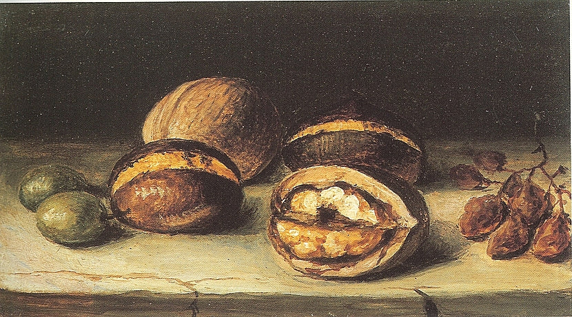 Still Life with Olives, Chestnuts, Walnuts and Grapes, vintage artwork by Giuseppe Artioli, 12x8" (A4) Poster