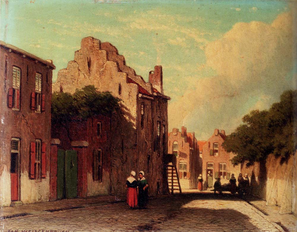 A Sunlit Townview With Figures Conversing, vintage artwork by Johan Hendrik Weissenbruch, 12x8" (A4) Poster