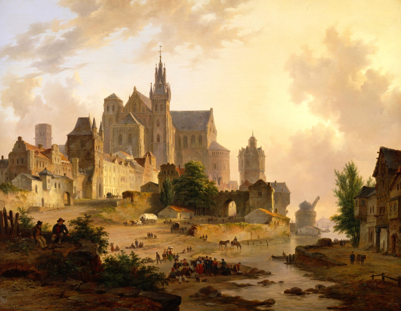 Cityscape on the Rhine, at Sunset, vintage artwork by Bartholomeus Johannes van Hove, A3 (16x12") Poster Print