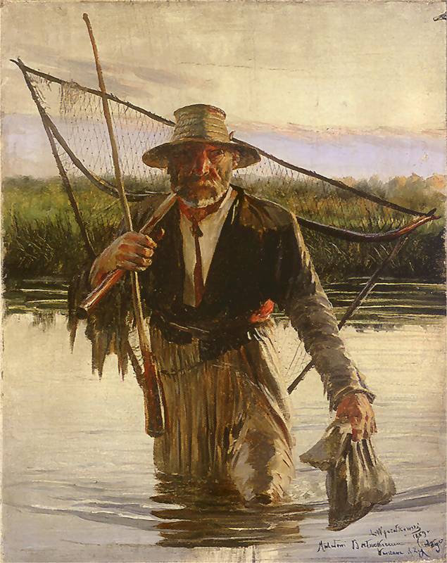 Fisherman carrying crampons, vintage artwork by Leon Jan Wyczolkowski, 12x8" (A4) Poster