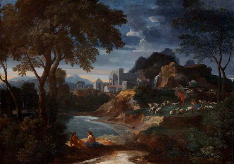An Italianate River Landscape with a Villa and Shepherds Resting with their Flock by a Pond, vintage artwork by Gaspard Dughet, 12x8" (A4) Poster