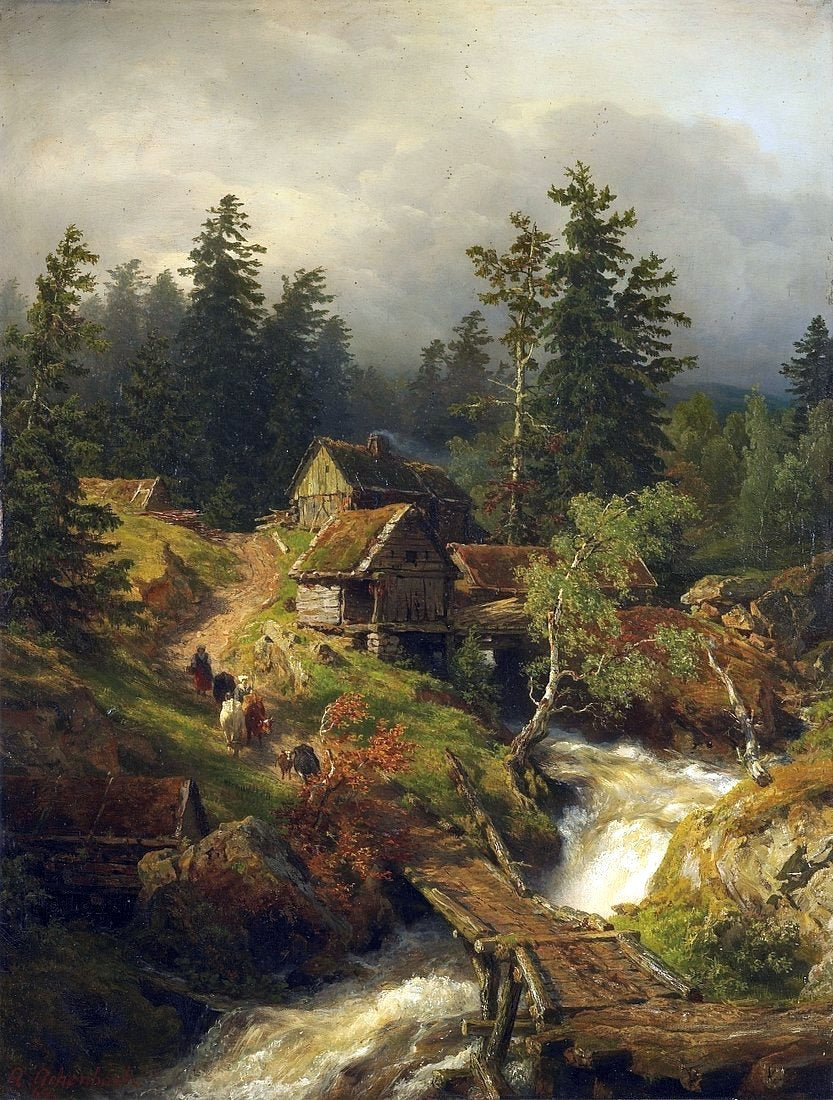 Mountain Landscape with Torrent and Water-mill, vintage artwork by Andreas Achenbach, A3 (16x12") Poster Print