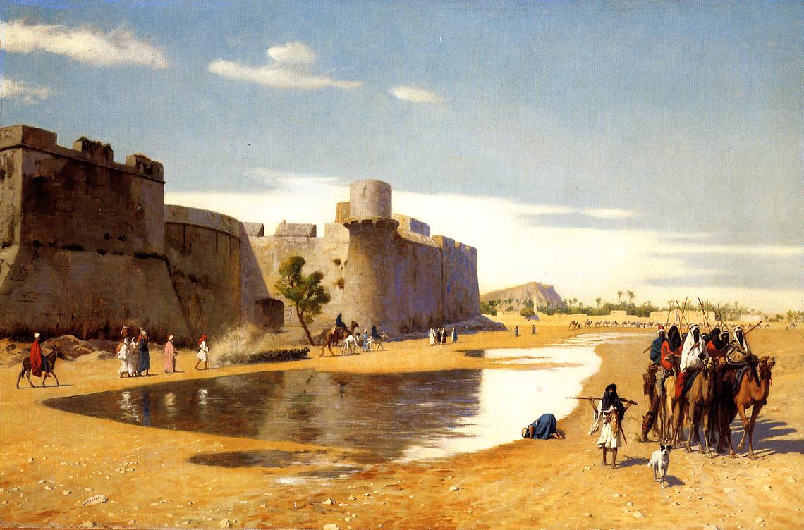 An Arab Caravan outside a Fortified Town, Egypt, vintage artwork by Jean-Leon Gerôme, 12x8" (A4) Poster