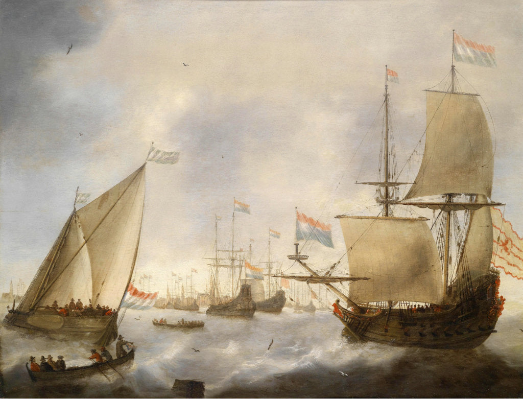 Dutch Ships in Front of Amsterdam, vintage artwork by Jacob Adriaensz Bellevois, 12x8" (A4) Poster