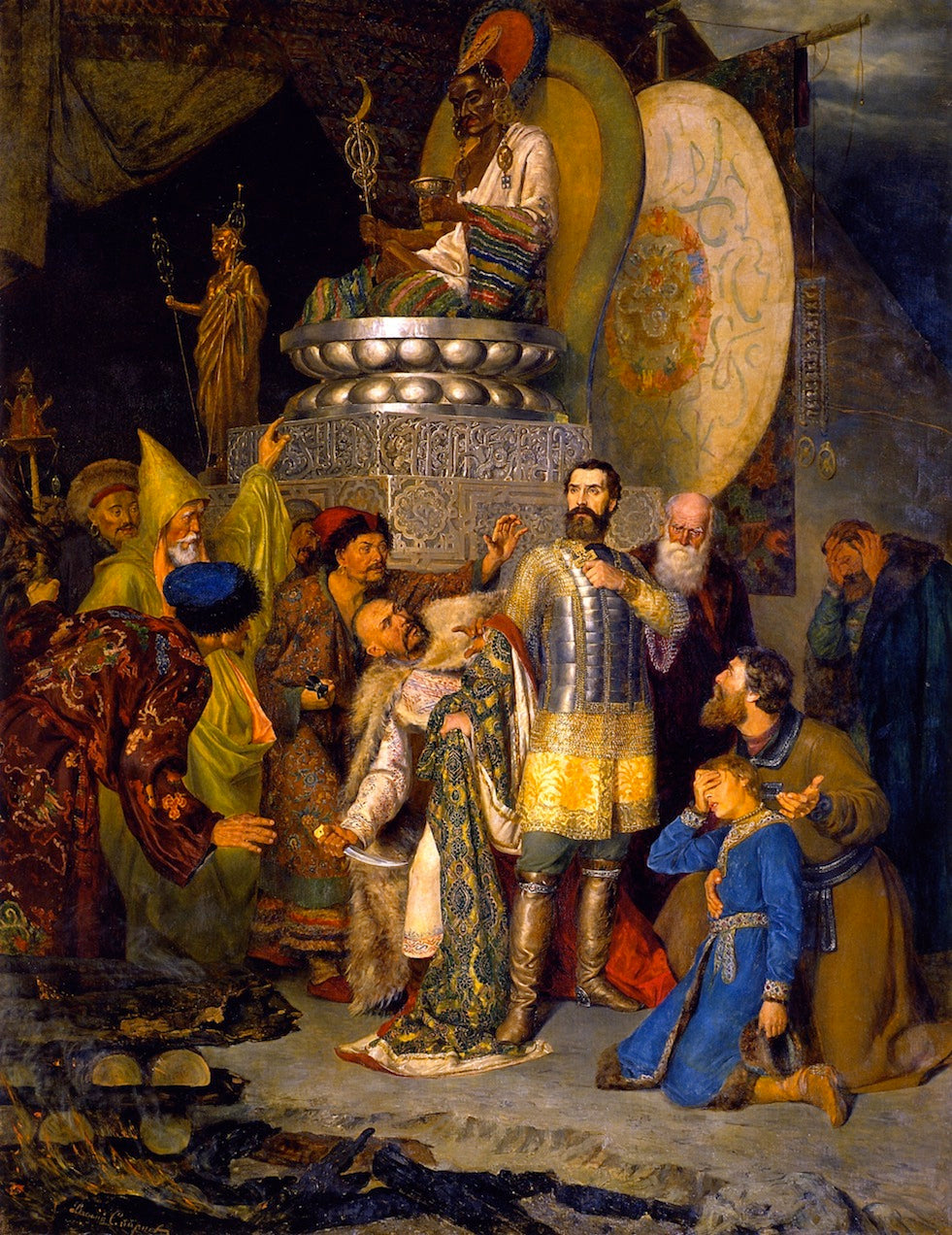 Prince Mikhail Chernigovsky before Batu Khan's Headquarters, vintage artwork by Vasily Sergeevich Smirnov, 12x8" (A4) Poster