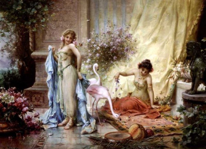 Beauties with Flamingo and Roses by Hans Zatzka,A3(16x12")Poster