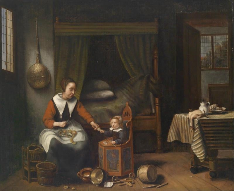 Domestic Interior with a Young Woman Peeling Apples and a Small Child, vintage artwork by Nicolaes Maes, 12x8" (A4) Poster