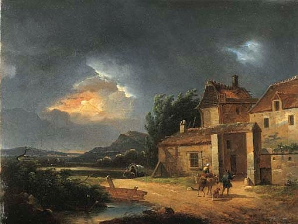 Stormy Landscape with Travelers by a Farm, vintage artwork by Cesar Van Loo, 12x8" (A4) Poster