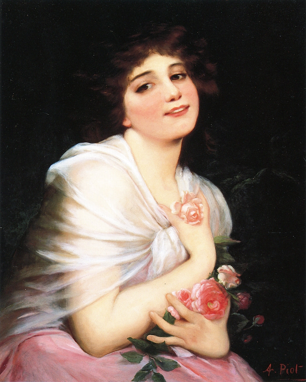 A Beautiful Young Girl with Flowers, vintage artwork by Étienne-Adolphe Piot, 12x8" (A4) Poster