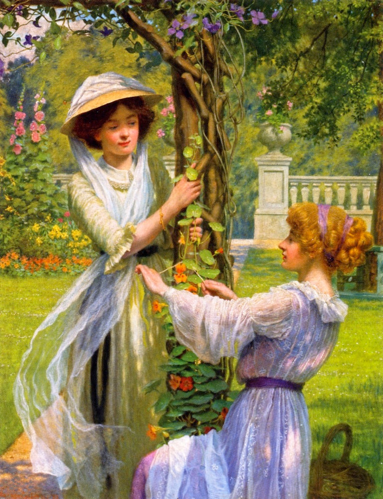 Young Woman in a Flower Garden, vintage artwork by William Savage Cooper, 12x8" (A4) Poster