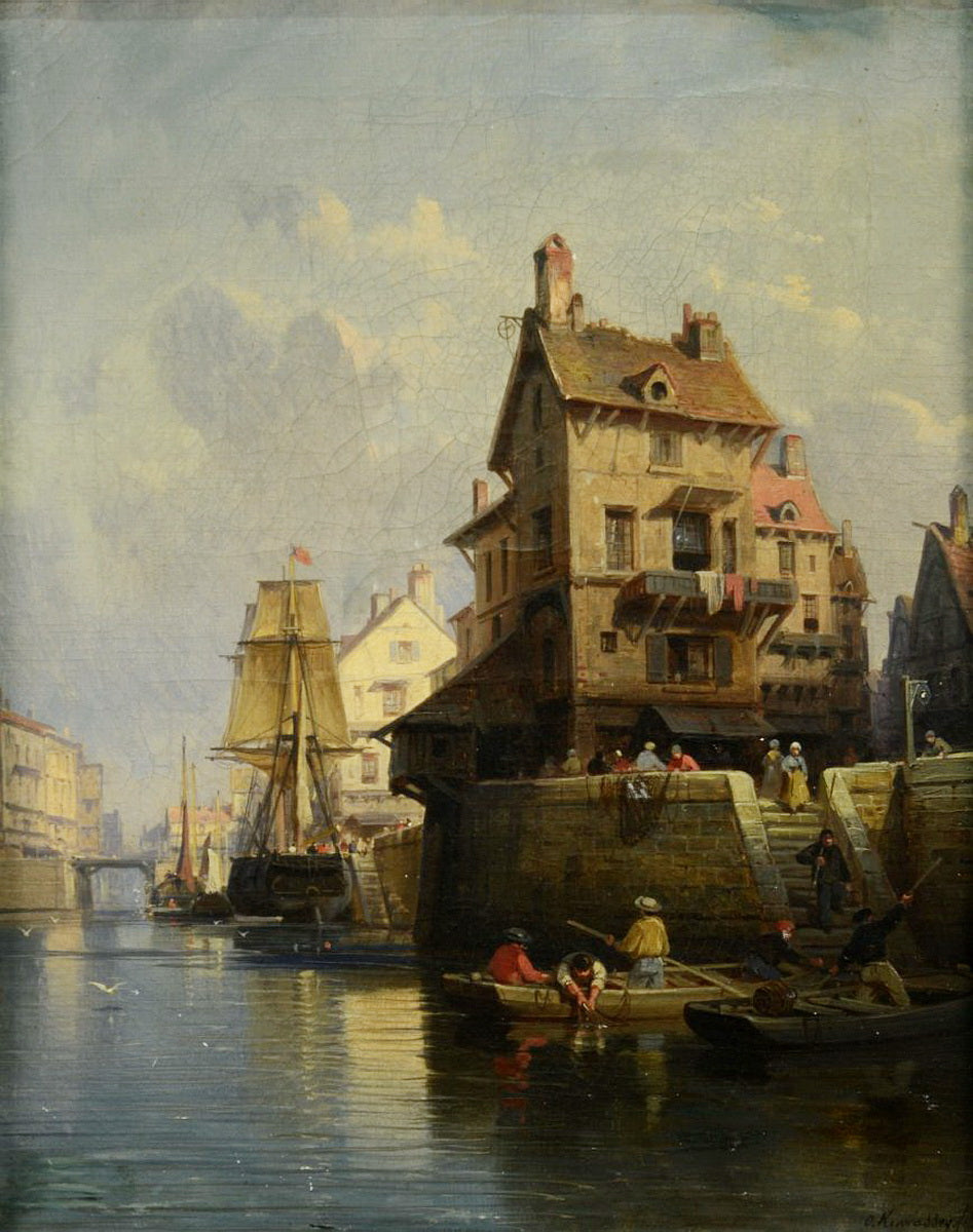Dutch Port Scene, vintage artwork by Charles Euphraisie Kuwasseg, 12x8" (A4) Poster