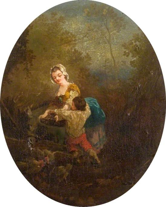 Girl, Boy, Donkey and Chickens in a Landscape, vintage artwork by Philippe-Jacques de Loutherbourg, 12x8" (A4) Poster