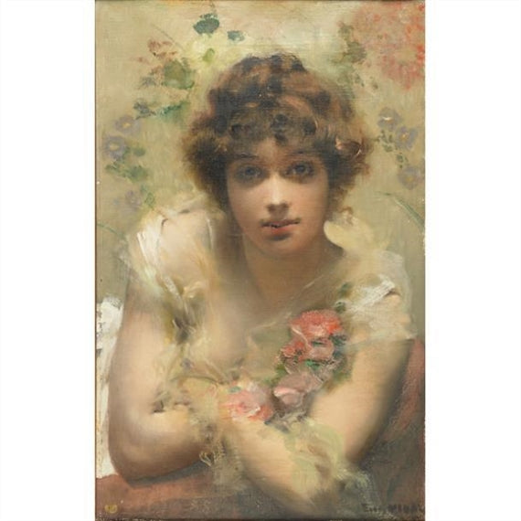 Portrait of a Young Woman with Flowers, vintage artwork by Eugene Vidal, 12x8" (A4) Poster