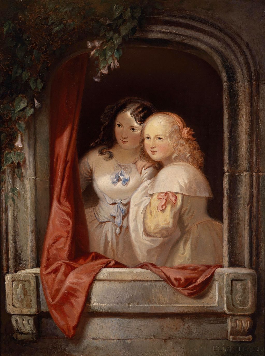 Two Young Ladies at the Window, vintage artwork by Elisabeth Modell, A3 (16x12") Poster Print