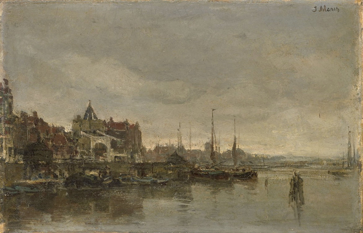 De Schreierstoren met de brug over de Gelderse Kade te Amsterdam, vintage artwork by Jacob Maris, 12x8" (A4) Poster