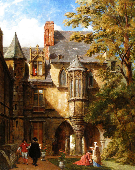 Views of The Court of Hotel Cluny, Paris, vintage artwork by William Parrott, A3 (16x12") Poster Print