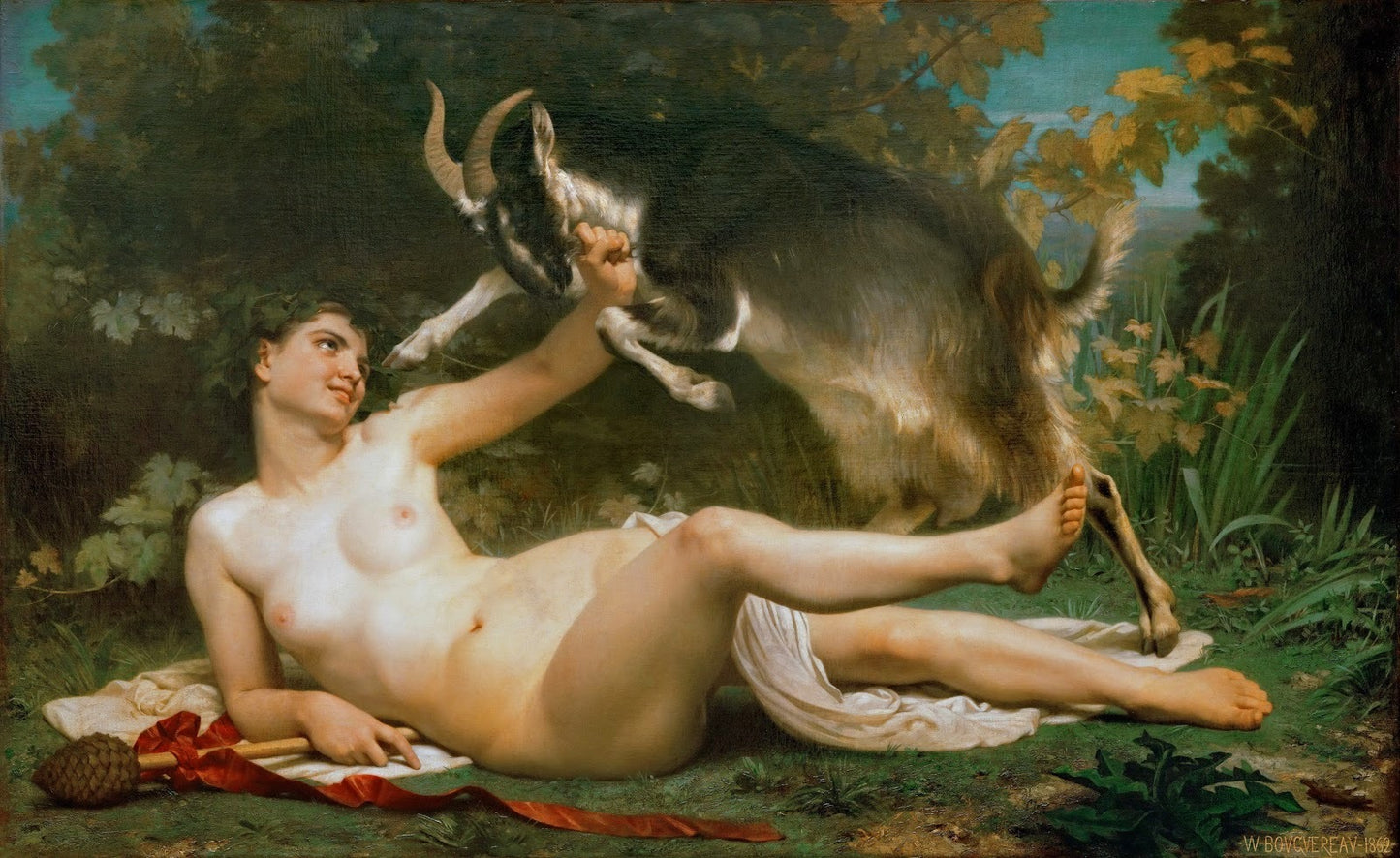 A Bacchant and a Goat, vintage artwork by William Bouguereau, 12x8" (A4) Poster