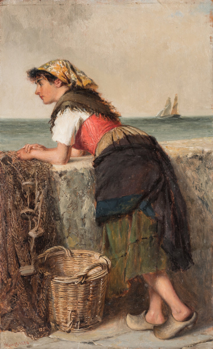 Fisherwoman at Wall, vintage artwork by Haynes King, 12x8" (A4) Poster