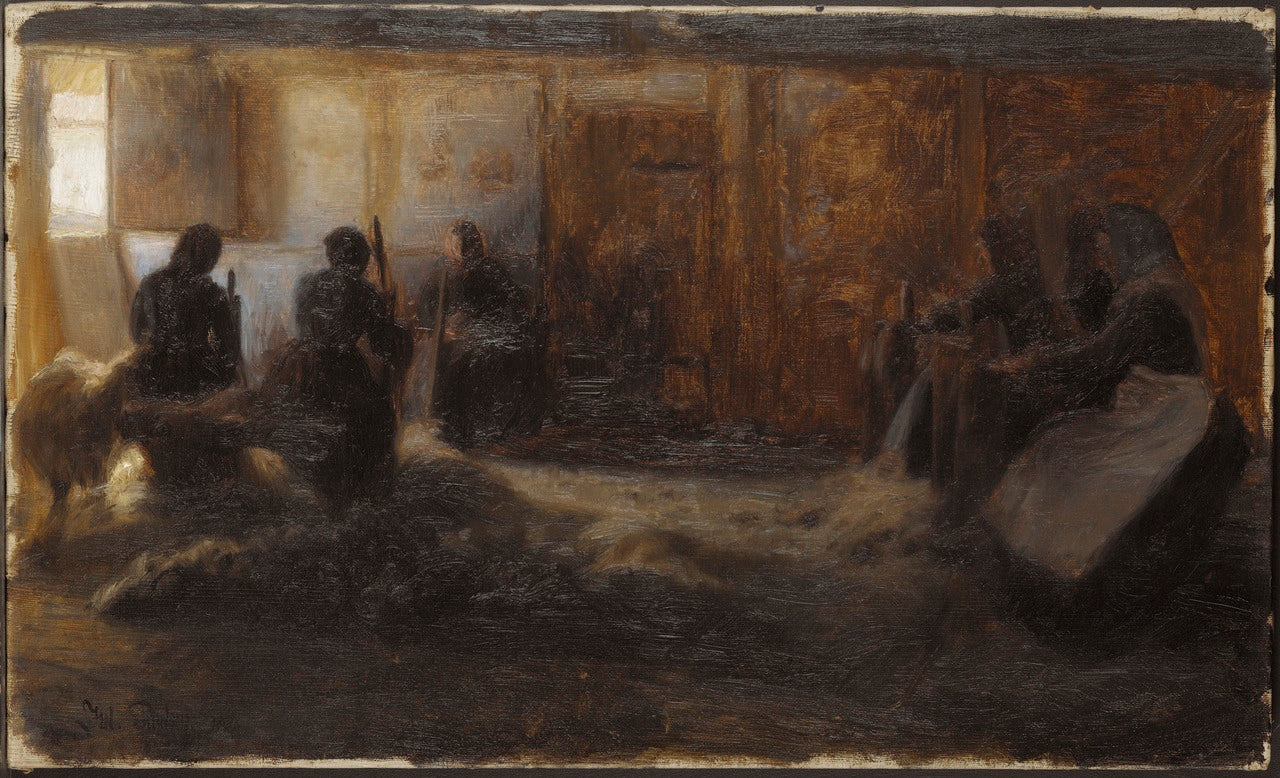 Flax-beating at Tidsvilde, Själland, vintage artwork by Julius Paulsen, 12x8" (A4) Poster