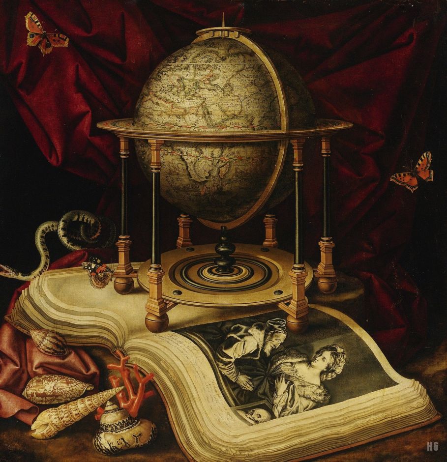 Vanitas still-life with a globe, a book, shells and butterflies, vintage artwork by Carstian Luyckx, 12x8" (A4) Poster
