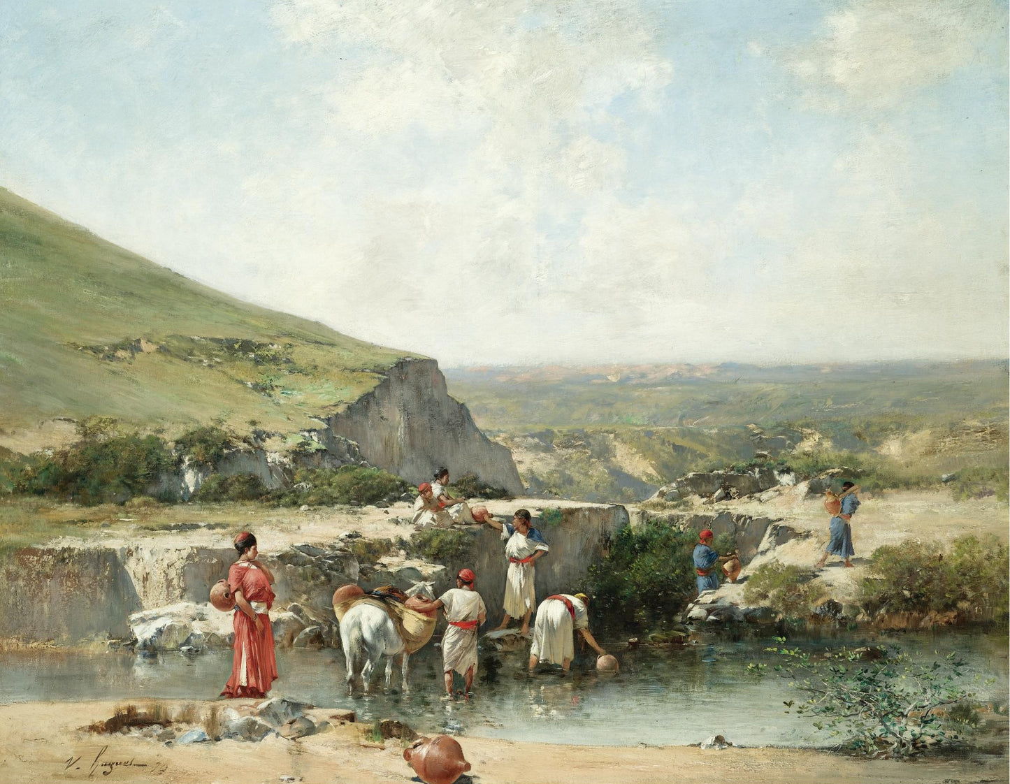 Fetching Water, Algeria, vintage artwork by Victor Huguet, 12x8" (A4) Poster