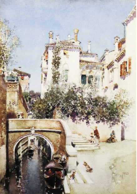 Ladies in a Flowering Courtyard near a Canal, Venice, vintage artwork by Martin Rico y Ortega, 12x8" (A4) Poster