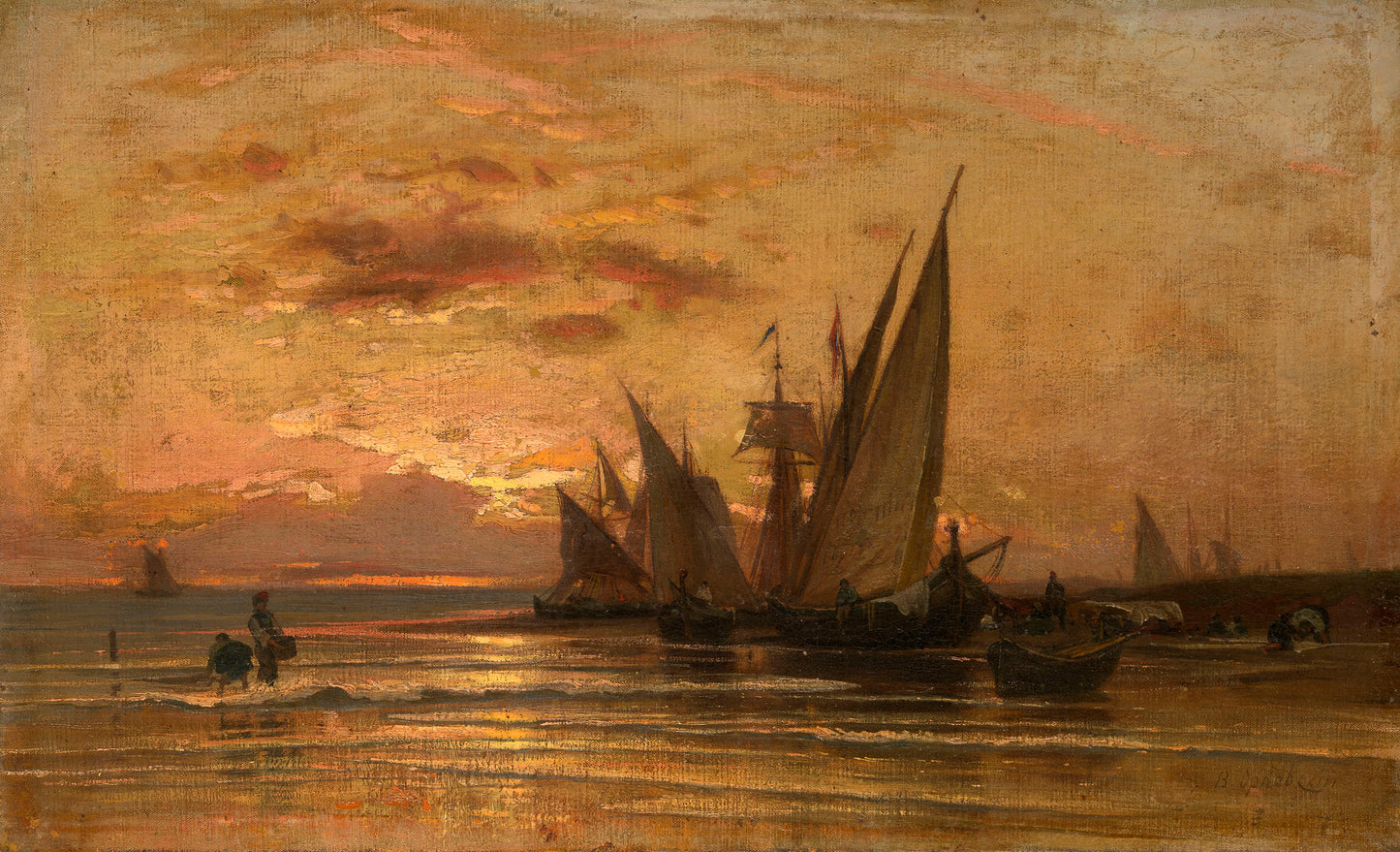 Fishing Boats at Sunrise, vintage artwork by Vladimir Orlovsky, 12x8" (A4) Poster