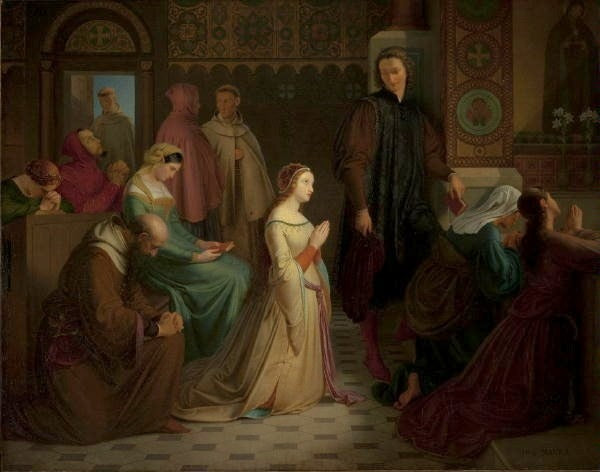The Meeting of Petrarch and Laura at Avignon in the Year 1327, vintage artwork by Josef Mánes, A3 (16x12") Poster Print