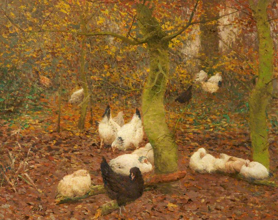 Poultry in a Wood, vintage artwork by Emile Claus, 12x8" (A4) Poster