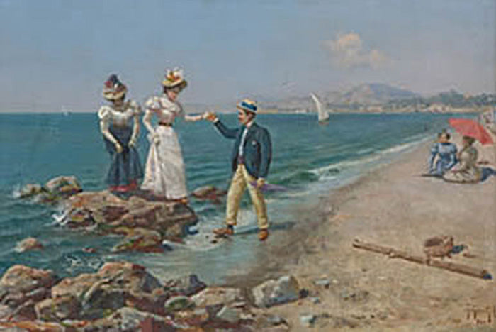 Paseo por la playa, vintage artwork by Gillermo Gomez Gil, 12x8" (A4) Poster