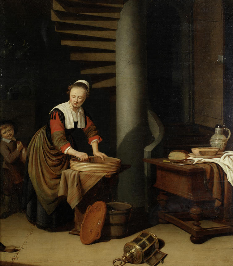 A kitchenmaid ironing, vintage artwork by Adriaen van Gaesbeeck, 12x8" (A4) Poster
