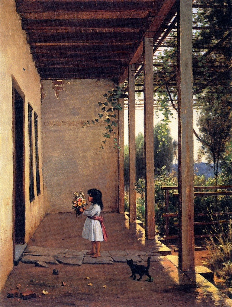 Padre's Porch, San Gabriel Mission, vintage artwork by Virgil Macey Williams, 12x8" (A4) Poster